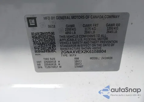 2019 Chevrolet Equinox Lt z USA, uszkodzony, nr VIN 2GNAXVEX2K6108804